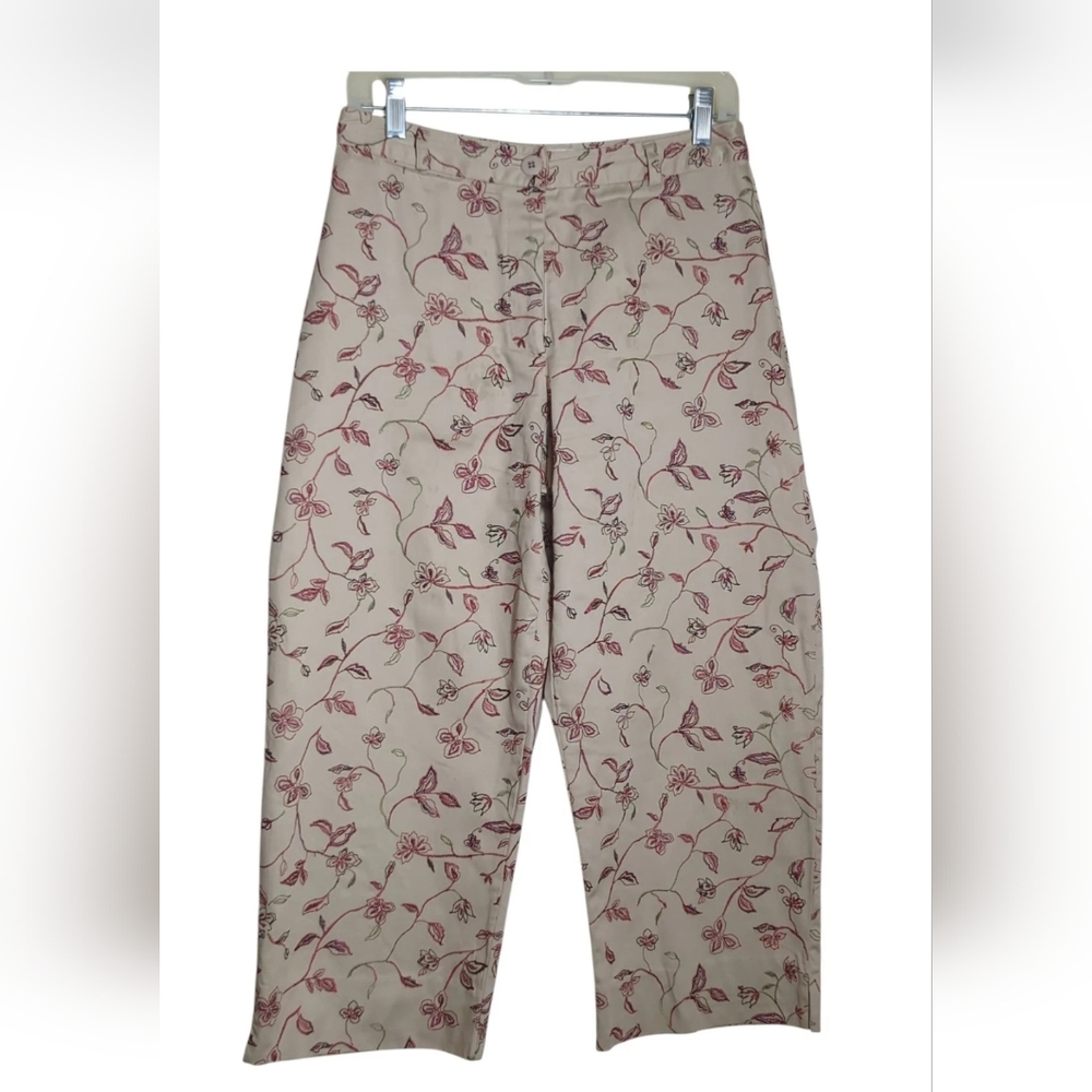 Y2K Floral Embroidered Sz 6 Crop Wide Leg Chinos Pant Cottage Coquette Coastal